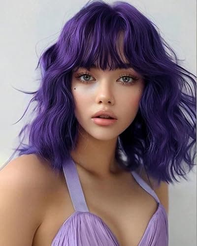 Monaluxe Purple Short Bob Wigs with Bang Synthetic Loose Curly Wavy Bob Wig Shoulder Length for Women Girls Daily Short Wavy Colorful Wig Everyday Hairstyle