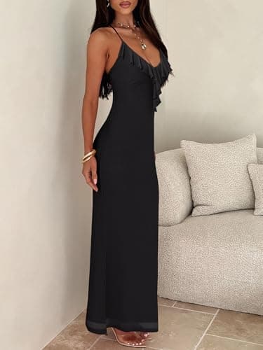 Prinbara Womens Mesh Bodycon Formal Maxi Dresses Summer Spaghetti Strap Ruffle Cocktail Wedding Guest Party Prom Long Dress Black Small - Thumbnail 4