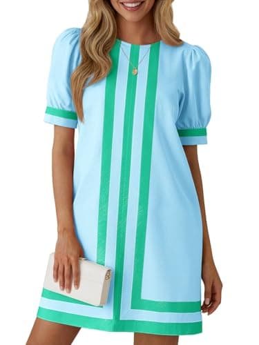 Wenrine Womens Puff Short Sleeve Mini Dress Summer Crewneck Striped Color Block Loose Casual Shift Dresses with Pockets Light Blue - Image 1