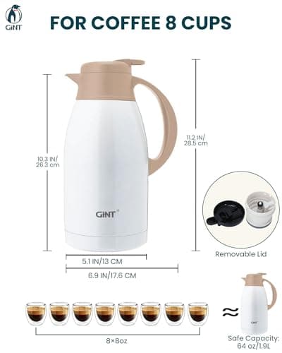 GiNT Stainless Steel Thermal Coffee Carafe, Double Walled Vacuum Thermal Carafe, Water and Beverage Dispenser,12 Hour Heat Retention，65 OZ /1.9 Liter White - Thumbnail 4