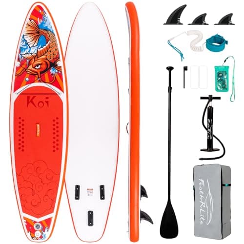 FEATH-R-LITE Inflatable Paddle Board Stand Up Paddleboards for Adults SUP with Premium Accessories Pump, Adjustable Paddle, Leash, Three Fins, Backpack (Red Koi) - Image 1