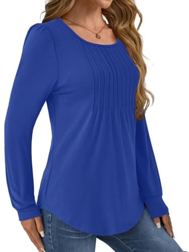 GKBK Women Long Sleeve Shirts Fall Tops Dressy Pleated Scooped Neck Tunic Tops for Leggings Royal Blue M - Thumbnail 3