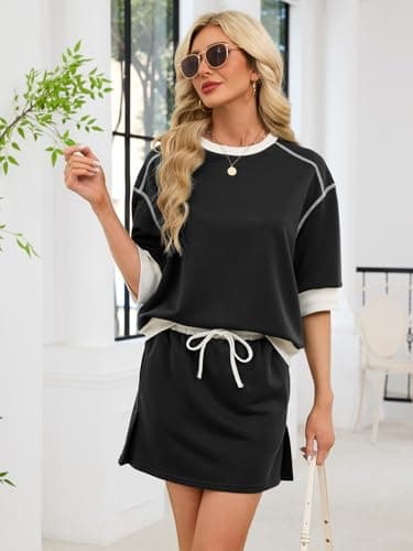 aswulk Womens Sweatsuits 2 Piece Set Crewneck Half Sleeve Sweatshirts Elastic Waist Tops and Skort Skirts Tennis Shorts Sets Black L - Thumbnail 6