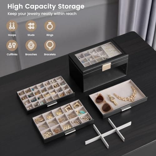 Lolalet Earring Storage Box Case with Glass Top, Large Earring Jewelry Holder Organizer Display with Drawer and Grid, Mothers Day Gifts -4 Tiers, Black - Thumbnail 2