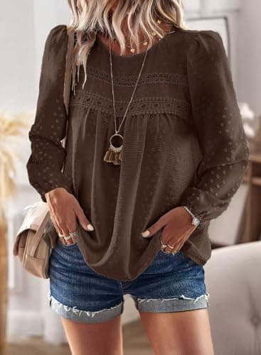Falechay Plus Size Tops for Women Keyhole Button Fall with Elastic Loop Dressy Casual Crewneck Teacher Flowy Blouses Spring Boho Shirts Brown 5XL - Thumbnail 5