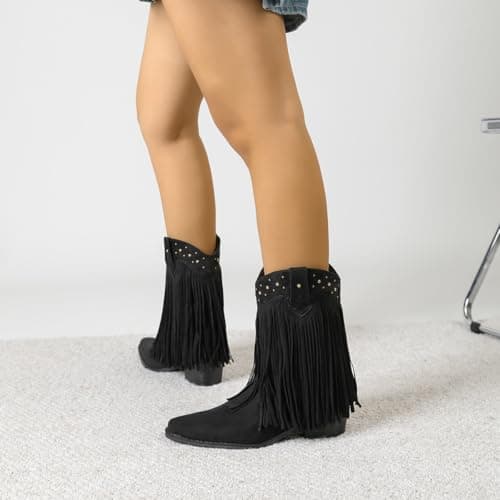 Amoji Womens Western Cowboy Boots Cowgirl Tassels 70S Hippie Fringe Boots Mid Calf Boots Pull On FZD307LS Black Size 11 - Thumbnail 5