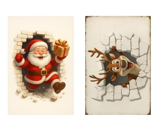 2-piece vintage Santa Claus and reindeer holiday decorative tin plaque set measures 12 x 8 inches. Suitable for indoor and outdoor use, winter decoration, and gifting. Perfect for display in your home, bathroom, garage, or patio. - Image 1
