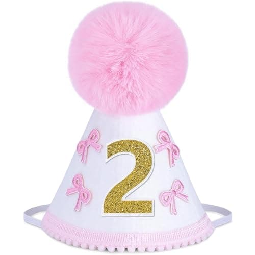 UTOLOVE Handcrafted Felt Birthday Hat with Pompom - Adjustable Cone Hat for 1st, Half to 5th Birthday Party Decorations - Baby & Kids Celebration Photo Prop Crown- White&Pink - Image 1