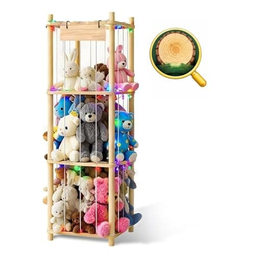 Hsenowi Stuffed Animal Storage Zoo Organizer Natural Pine Plushies Storage with Elastic Bands Vertical Wood Toy Holder Mesh Net Space Saving Design for Playroom Nursery Kids Bedroom - Image 1
