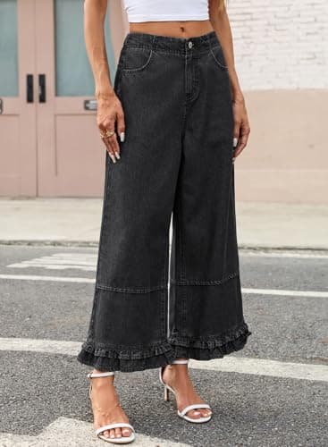 EVALESS Womens Wide Leg Jeans 2026 Trendy Mid-Rise Cropped Baggy Jeans Loose Fit Cute Ruffle Hem Trouser Denim Pants with Pockets Grey Size 16 - Thumbnail 3