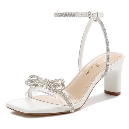 Athlefit White Rhinestone Bow Heels for Women Open Square Toe Block Heel Sandals Ankle Strap Sexy Heels for Prom Wedding Size 11 - Image 1