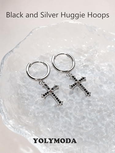 Silver Cross Earrings for Women Men - YOLYMODA Trendy Dainty Small Silver and Black Dangle Cross Hoop Earrings with CZ Charm, Chic Faith 925 Sterling Silver Post Religious Dangling Huggie Hoops - 1.16" Long - Thumbnail 5