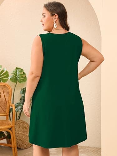 AusLook Plus Size Midi Dress for Women Sleeveless Crew Neck Summer Casual Floral Loose Flowy 2026 Olive Green 3X Tank Sundress Beach Vacation Dress with Pockets - Thumbnail 6