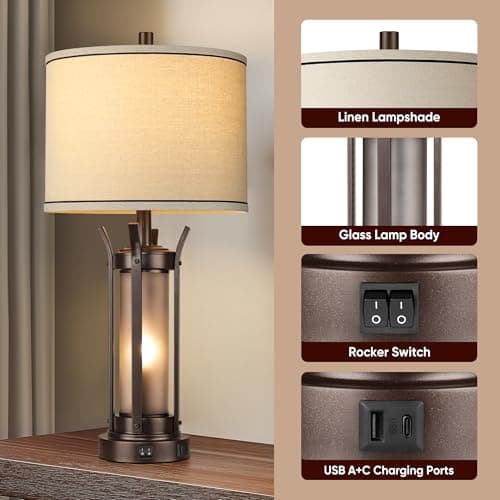 QiMH Farmhouse Table Lamps Set of 2 for Living Room, Beside Lamps for Bedroom with USB A+C Charging Ports, Rustic Nightstand Lamp with Frosted Glass Night Light, 4 Bulbs Included (Oil Rubbed Bronze) - Thumbnail 5
