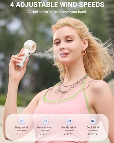 Tendiren Portable Handheld Misting Fan, Rechargeable Personal Mini Fan with Mist, 4 Speed Turbo Powerful Cooling Fans with Water Spray Tank for Travel, Home, Office, Outdoor, Camping, Beach (White) - Thumbnail 4