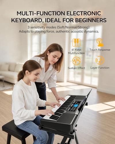 Rhymo 61 Key Electronic Piano Keyboard for Beginners, Touch-Sensitive Full Size Portable Keyboard Piano with LCD Screen, Music Stand, Power Adapter, Headphones, Birthday Gifts (Black) - Thumbnail 2