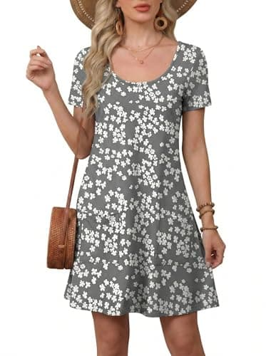 Moodclo Women Casual Summer Dresses Grey Sakura X-Large Short Sleeve Loose Tshirt Beach Sundress U Neck Swing Dress with Pockets 2026 Trendy - Image 1