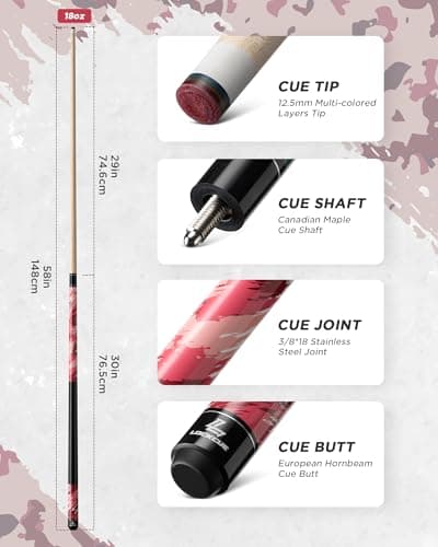 LOCKCUE Women's Lightweight Pool Cue Set | 18oz 58" Pink Billiards Stick, Hard Case, Glove & Towel (Elegant Control Combo) - Thumbnail 2