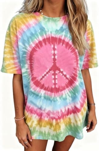 QIXYN Women Oversized Tie Dye Shirt 60s 70s Hippie Shirt Peace Love Graphic Tee Crew Neck Tshirt Vintage Hippie Style Tops - Image 1