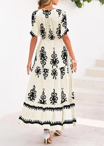 Lazysmile Summer Dresses for Women Short Sleeve V Neck Floral Drawstring Flowy A Line Boho Maxi Dress with Pockets Apricot - Thumbnail 2