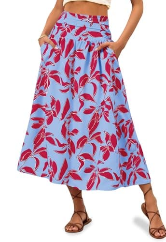 Wenrine Womens Floral Print Maxi Skirt High Waisted A Line Boho Flowy Beach Vacation Long Skirts with Pockets Rose Red - Image 1