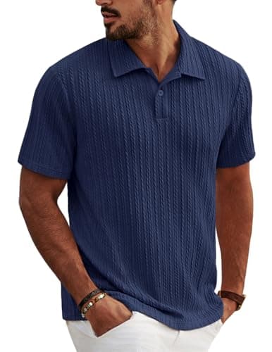 Mens Textured Polo Shirts Short Sleeve Classic Casual Collared Knit Polo Summer Golf Polo Shirts Navy Blue - Image 1