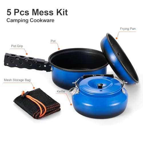 Odoland 5pcs Camping Cookware Non-Stick Camping Pot and Pan Set with Kettle and Removable Handle for Hiking Backpacking and Picnic(Blue) - Thumbnail 4