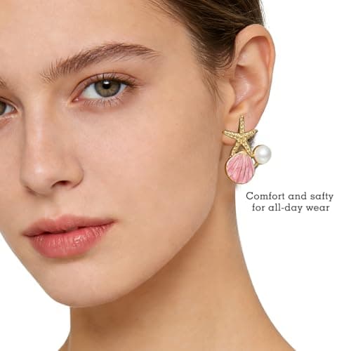Stainless Steel Starfish & Seashell Summer Beach Earrings for Women, Pink - Thumbnail 2