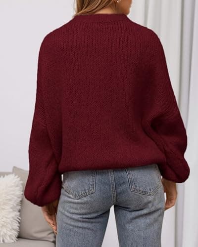 BTFBM Sweaters for Women Fall 2026 Crew Neck Lantern Long Sleeve Oversized Sweater Casual Knit Winter Pullover Tops(Wine Red, X-Large) - Thumbnail 3