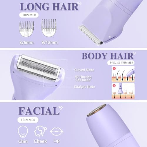 3-in-1 Bikini Trimmer for Women, IPX7 Waterproof Electric Shaver for Women-Rechargeable Electric Razors for Pubic, Facial & Body Hair Trimmer with LED Display, Travel Kit & Painless Blades (Purple) - Thumbnail 2