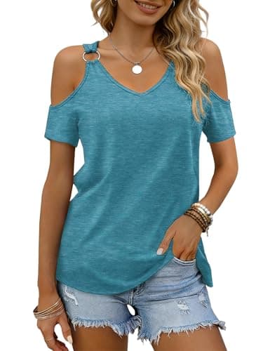 BOHOWE Women's Cold Shoulder V Neck T-Shirts Fashion Cutout Short Sleeve Basic Summer Tees LightGreen - Image 1