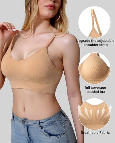 QDN Women's 4 Pack Seamless Bralette with Removable Padded Cups – Soft Wireless Support for Yoga, Lounge & Daily Wear (US, Alpha, Large, Regular, Regular, 4, Black/Nude/Red/Green) - Thumbnail 2
