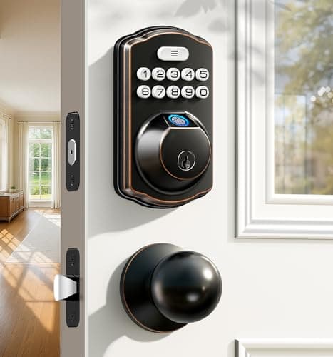 Veise Fingerprint Door Lock with 2 Knobs - Keyless Entry Door Lock with Handle, Electronic Keypad Deadbolt, Smart Front Handle Set, Auto-Locking, Waterproof, Easy Installation, Oil-Rubbed Bronze - Image 1
