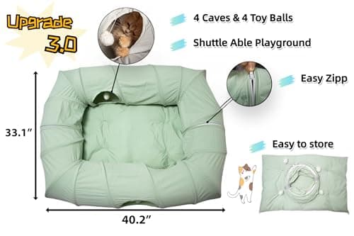 XxingSheep 4 Ways Shuttled XL Cat Tunnel Bed for Indoor Cats Peekaboo Cat Cave Donut with Cool Mat (Green) - Thumbnail 4