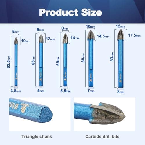 Masonry Drill Bit BRSCHNITT 3/16",1/4"*4,5/16"*2,3/8"*2,1/2" Carbide Tips Concrete Drill Bit Set for Pots Bottles Ceramic Tile Glass Brick Ceramic Triangle Shank - Thumbnail 2