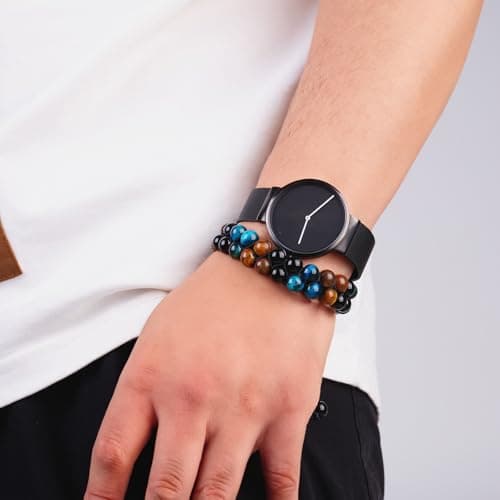PAKUNDAS Handmade Triple Protection Bracelet,Bracelets for Men Natural Tiger Eye Jewelry Stone Hematite and Blue Stone Hematite 8mm Crystal Bracelet - Adjustable Size with Premium Gift-Box - Thumbnail 2