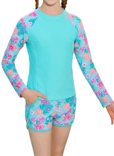 Alakuoti Girls Rash Guard Swimsuit Two Piece Bathing Suit UPF 50+ Sun Protection Long Sleeve Swimwear Size 10 Lake Green Flower
