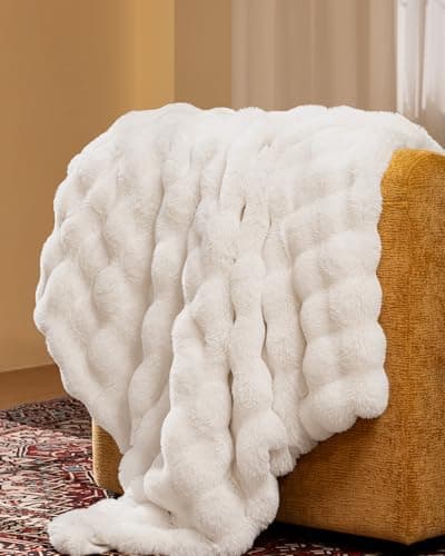 blunique Ultra Soft Cozy Faux Fur Throw Blanket, Fuzzy Plush Thick Bubble Blanket, Luxury Fluffy Blanket for Couch, Sofa, Bedroom, and Living Room, 50x60 Inches, Cream White - Thumbnail 2