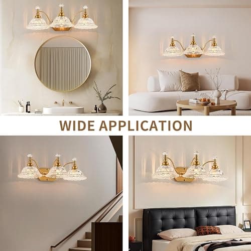PUAMUBUA Vintage Bathroom Vanity Light Fixtures, 3-Light Brass Light Fixtures Over Mirror with Crystal Glass Flower Shade, Mid Century Farmhouse Wall Mount Lighting for Living Room, Kitchen - Thumbnail 6