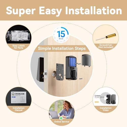 IRONZON Smart Door Lock, 5-in-1 Keypad Deadbolt for Front Door, Keyless Entry Door Lock with App Control, Auto-Lock, Anti-Peeping Password, 4 IC Cards, 15-Min Installation, Black - Thumbnail 6