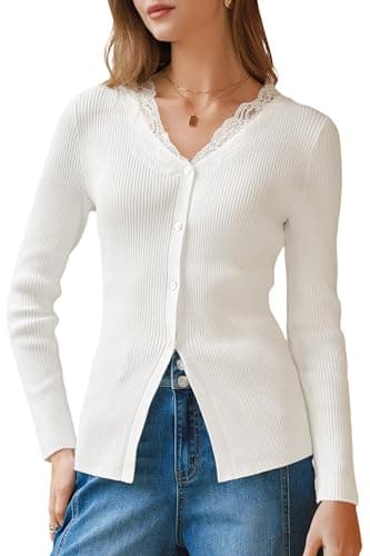 Arach&Cloz Women's Cardigan 100% Cotton V Neck Sweaters Date Night Outfit Lace Trim Ribbed Long Sleeve Going Out Tops Fitted Button Down Spring Summer Valentines Day Cute Trendy Clothes 2026 Beige L
