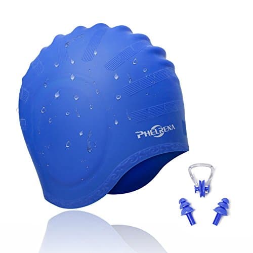 PHELRENA Swimming Cap Waterproof Premium Silicone Solid Long Hair Earmuffs Swim Cap Flexible Reversible for Adults Kids Women Men, Keeps Hair Clean Ear Dry, Free with Nose Clip and Ear Plugs - Image 1