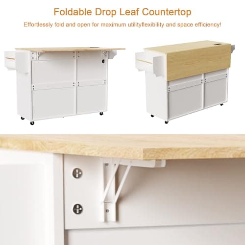 MEETFAV Kitchen Island with Trash Can Storage & Power Outlet, Rolling Kitchen Cart with Drop Leaf, Mobile Wood Island Table with Tilt-Out Trash Cabinet, Spice Rack & Storage Drawer for Small Space - Thumbnail 6
