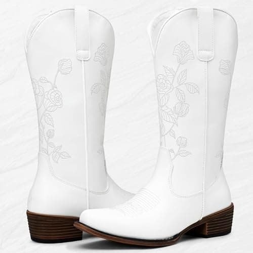 Jeossy Women's White Western Cowboy Boots Mid Calf Embroidery Flower Cowgirl Boots with Low Heel Side Zipper 9807 Comfy Round Toe Country Music Festival Music Rodeo, Size 10(DJY9807 White 10) - Thumbnail 6