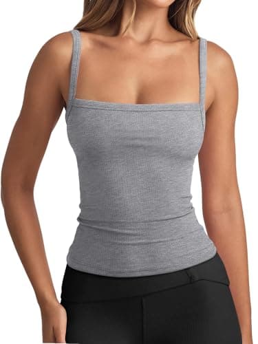 REORIA Women's Square Neck Tank Top Sleeveless Ribbed Basic Crop Tops Going Out Outfits Light Grey Large - Image 1