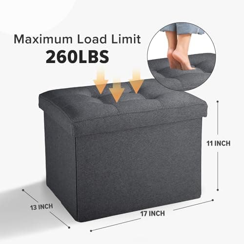 LINMAGCO Small Storage Ottoman Stool Foot Rest Stool Under Desk Stool Short Folding Ottoman Linen Cloth Dark Gray 17X13X13IN - Thumbnail 2