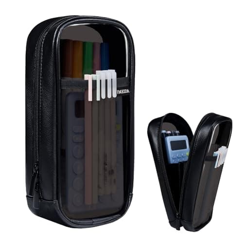 Fmeida Clear Pencil Case - Upgraded 4 Compartment Pencil Pouch, Waterproof Adult Pencil Bag Aesthetic Marker Pouch Stationary Bag Office Organizer for Office Business Travel - Black PU&PVC