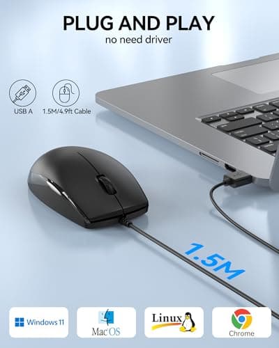TECKNET USB-A Wired Mouse for Laptop Computer with 2-Button,Home and Office 5FT Corded Mouse, 1600DPI Ergo-Optic Shape PC Mouse Wired for Chromebook,PC,Desktop,Notebook-Black - Thumbnail 3