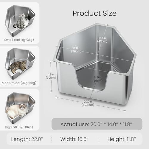 Stainless Steel Corner Cat Litter Box, Metal Litter Box with High Sided, One-piece Corner Cat Toilet, No Assembly Required, Non-Stick, No Odor Kitten Litter Pan, Easy to Clean, for Small Medium Cats - Thumbnail 2