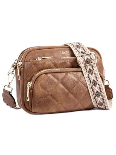 Telena Crossbody Bags for Women Small Crossbody Purses Quilted Vegan Leather with Guitar Strap Beige with Brown - Image 1